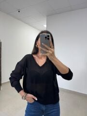Po 2797 V Yaka Siyah Transparan Triko Bluz