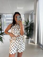 Bb 30185-48 Bitter Kahve Puantiyeli Şortlu Keten Takım