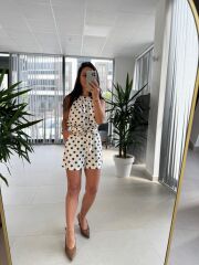 Bb 30185-48 Bitter Kahve Puantiyeli Şortlu Keten Takım