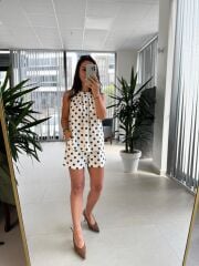 Bb 30185-48 Bitter Kahve Puantiyeli Şortlu Keten Takım
