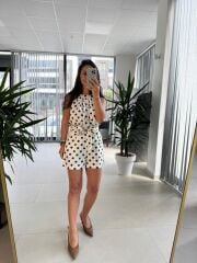 Bb 30185-48 Bitter Kahve Puantiyeli Şortlu Keten Takım