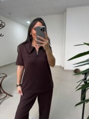 Art 4018 Kısa Kollu Fermuarlı Kahve Modal Takım