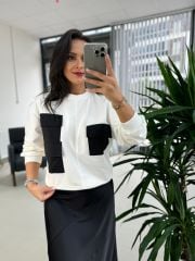 Ms Paraşüt Cep Detaylı Beyaz-Siyah Sweat