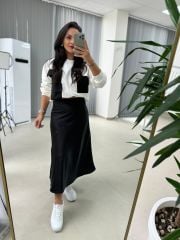 Ms Paraşüt Cep Detaylı Beyaz-Siyah Sweat