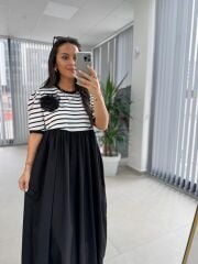 Dr 8270 Tasarım Çizgili Siyah Güllü Elbise