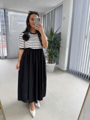 Dr 8270 Tasarım Çizgili Siyah Güllü Elbise