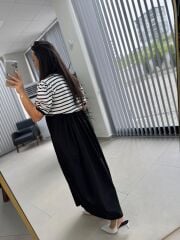 Dr 8270 Tasarım Çizgili Siyah Güllü Elbise