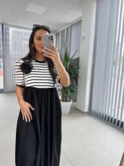 Dr 8270 Tasarım Çizgili Siyah Güllü Elbise