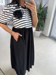 Dr 8270 Tasarım Çizgili Siyah Güllü Elbise