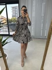 Pamuk Viskon Siyah Şal Desen Gömlek Elbise