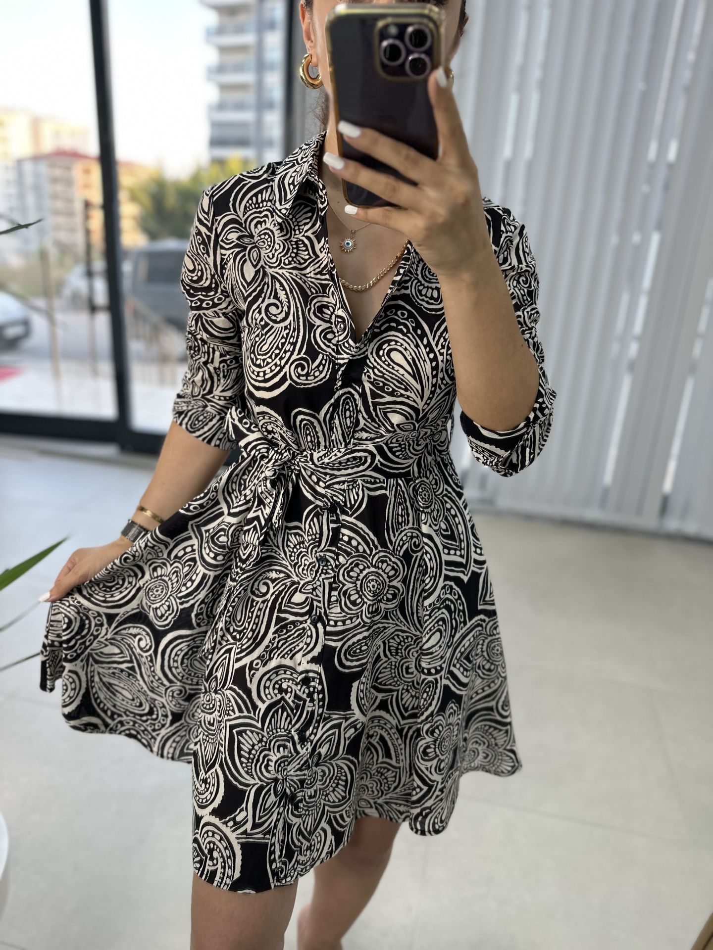 Pamuk Viskon Siyah Şal Desen Gömlek Elbise