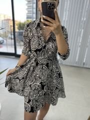 Pamuk Viskon Siyah Şal Desen Gömlek Elbise