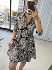 Pamuk Viskon Siyah Şal Desen Gömlek Elbise