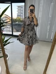 Pamuk Viskon Siyah Şal Desen Gömlek Elbise