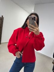 Po 2732 Kırmızı Dik Yaka Balon Kol Çıtçıtlı Ceket Hırka