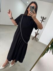 Dr 2575 Gümüş Şerit Geçişli Kısa Kollu Elbise