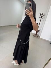 Dr 2575 Gümüş Şerit Geçişli Kısa Kollu Elbise