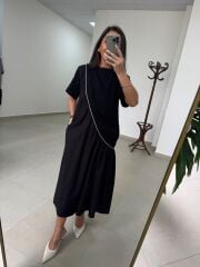 Dr 2575 Gümüş Şerit Geçişli Kısa Kollu Elbise