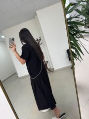 Dr 2575 Gümüş Şerit Geçişli Kısa Kollu Elbise