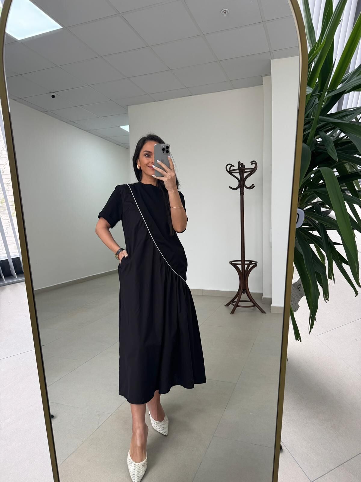 Dr 2575 Gümüş Şerit Geçişli Kısa Kollu Elbise