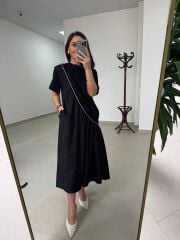 Dr 2575 Gümüş Şerit Geçişli Kısa Kollu Elbise