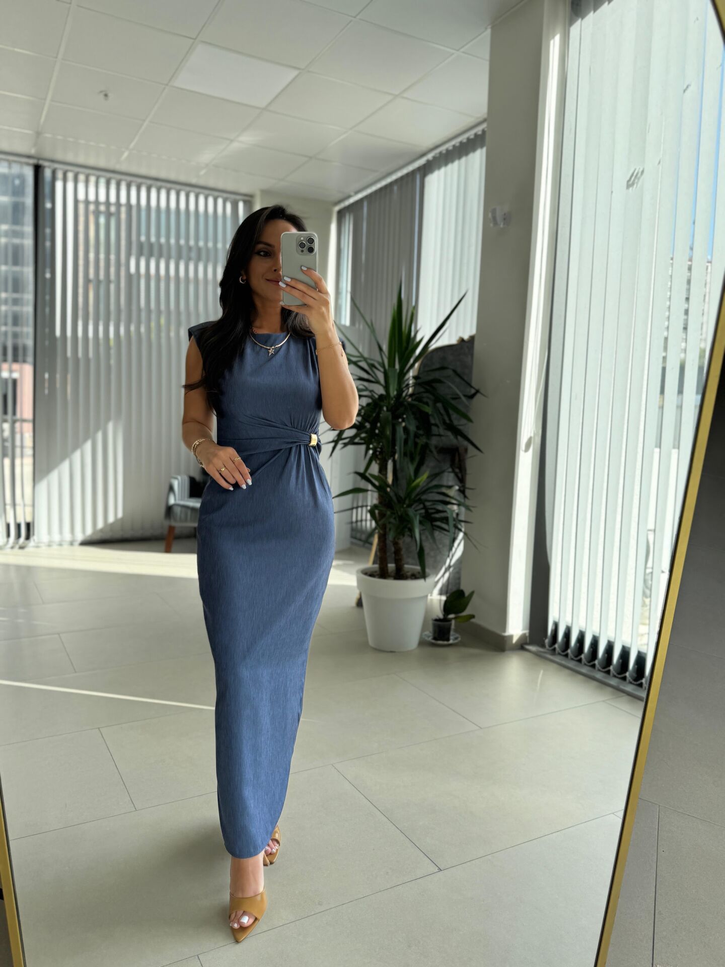 My 3735 Omuz Vatkalı Bel Drapeli İndigo Elbise