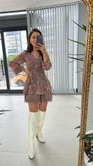 My 3091 Kat Kat Kiremit Benekli Şifon Elbise