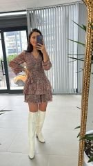 My 3091 Kat Kat Kiremit Benekli Şifon Elbise