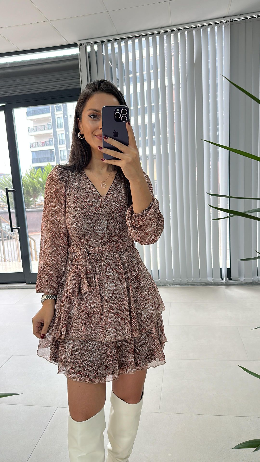 My 3091 Kat Kat Kiremit Benekli Şifon Elbise