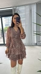 My 3091 Kat Kat Kiremit Benekli Şifon Elbise