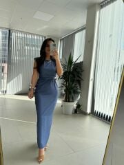 My 3735 Omuz Vatkalı Bel Drapeli İndigo Elbise