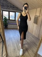 Merserize düğme detaylı askılı elbise