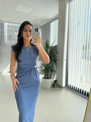 My 3735 Omuz Vatkalı Bel Drapeli İndigo Elbise