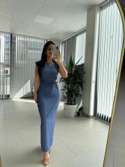 My 3735 Omuz Vatkalı Bel Drapeli İndigo Elbise