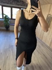 Merserize düğme detaylı askılı elbise