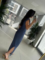 My 3735 Omuz Vatkalı Bel Drapeli İndigo Elbise