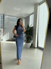 My 3735 Omuz Vatkalı Bel Drapeli İndigo Elbise