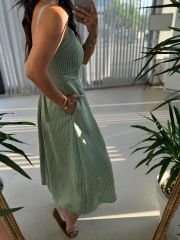 Sg Strappy Front Pleated Detail Striped Khaki Dress