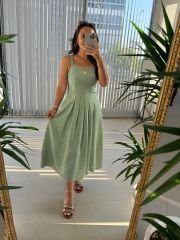 Sg Strappy Front Pleated Detail Striped Khaki Dress