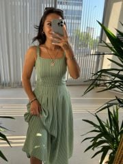 Sg Strappy Front Pleated Detail Striped Khaki Dress