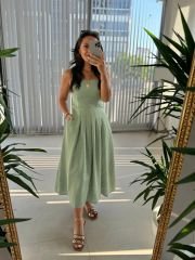 Sg Strappy Front Pleated Detail Striped Khaki Dress