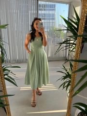 Sg Strappy Front Pleated Detail Striped Khaki Dress