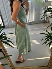 Sg Strappy Front Pleated Detail Striped Khaki Dress