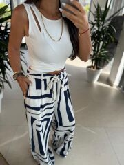 Bb 30180 İndigo Önden Bağcıklı Keten Pantolon