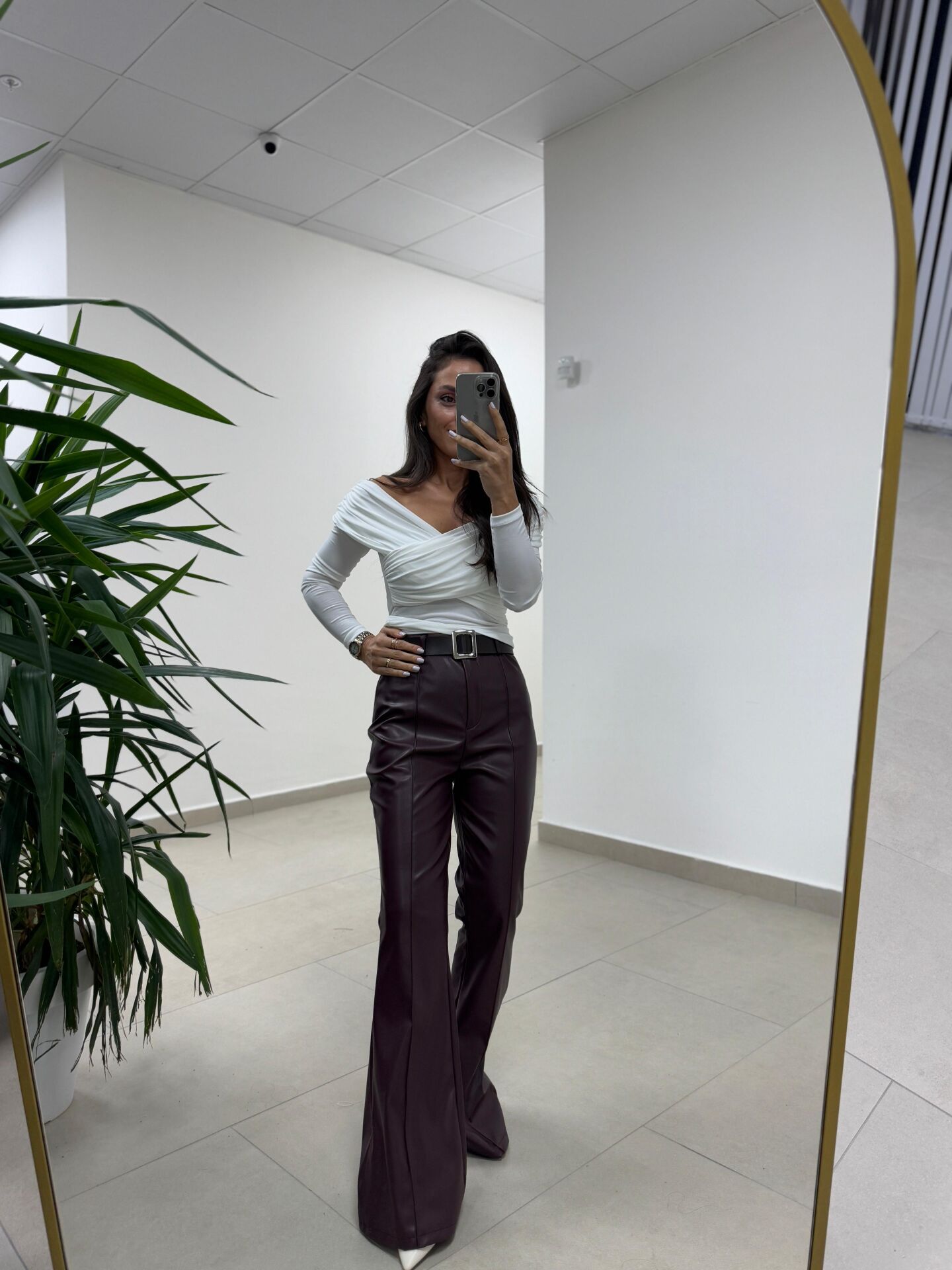 MN Kendinden Kemerli Mürdüm İspanyol Paça Deri Pantolon