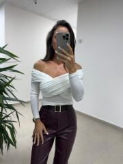 MN Kendinden Kemerli Mürdüm İspanyol Paça Deri Pantolon