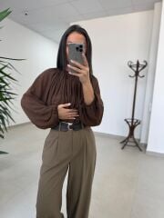 Fp 4959 Yaka Büzgülü Kahve Bluz