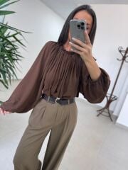 Fp 4959 Yaka Büzgülü Kahve Bluz