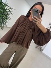 Fp 4959 Yaka Büzgülü Kahve Bluz