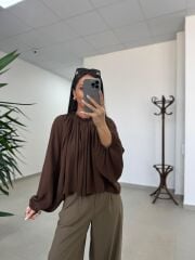 Fp 4959 Yaka Büzgülü Kahve Bluz